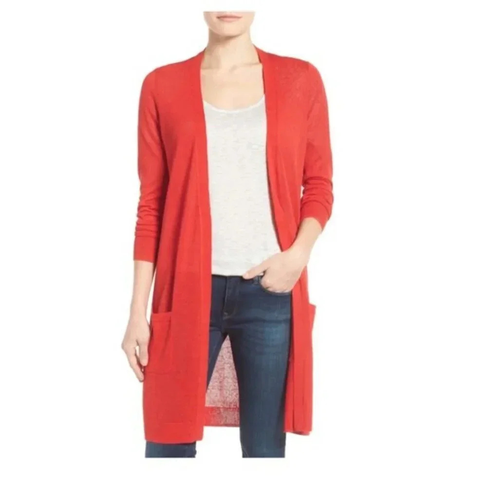 Halogen Womens Size Small Hibius Linen Long Line Open Cardigan
